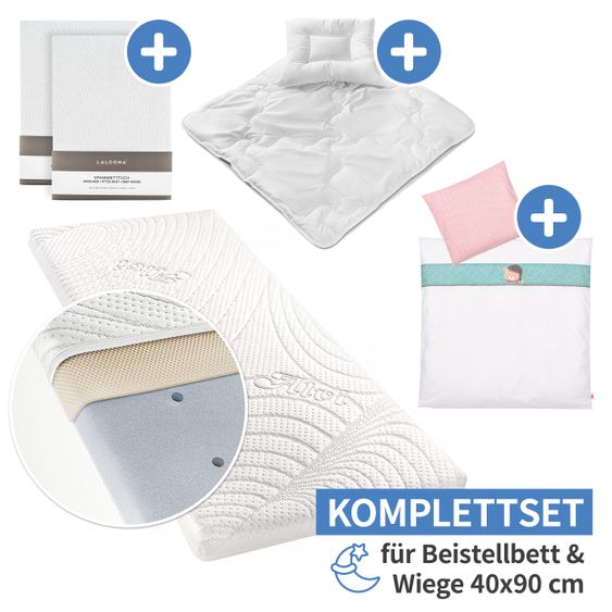 Alvi Set completo di 7 pezzi per letto aggiuntivo e culla 90x40 cm / materasso + lenzuola + set di trapunte + biancheria da letto - Orso Bruno - Bianco