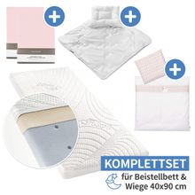 7-piece complete set for extra bed & cradle 90x40 cm / mattress + fitted sheets + quilt set + bedding - Swan Lake - Pink