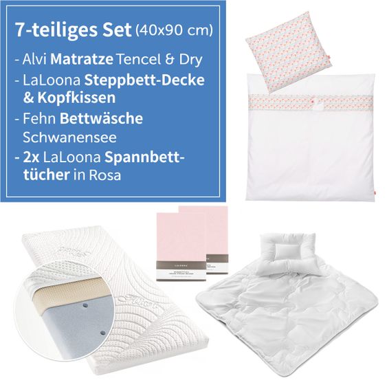 Alvi 7-tlg. Komplett-Set für Beistellbett & Wiege 90x40 cm / Matratze + Spannbetttücher + Steppbett-Set + Bettwäsche - Schwanensee - Rosa