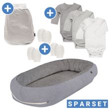 8-piece slumber set - nest + 3 bodysuits + romper bag + 3 scratch mittens - Grey White