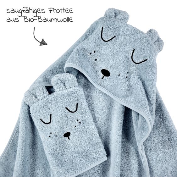 Alvi Bade-Set Organic Cotton - Kapuzenbadetuch + Waschhandschuh - Faces - Blau