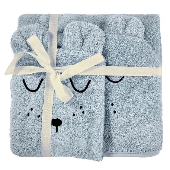 Alvi Bade-Set Organic Cotton - Kapuzenbadetuch + Waschhandschuh - Faces - Blau