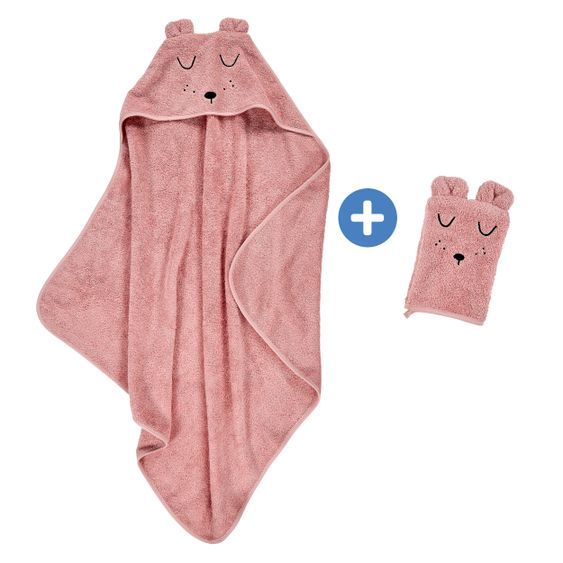 Alvi Bath Set Organic Cotton - Hooded bath towel + wash mitt - Faces - Pink