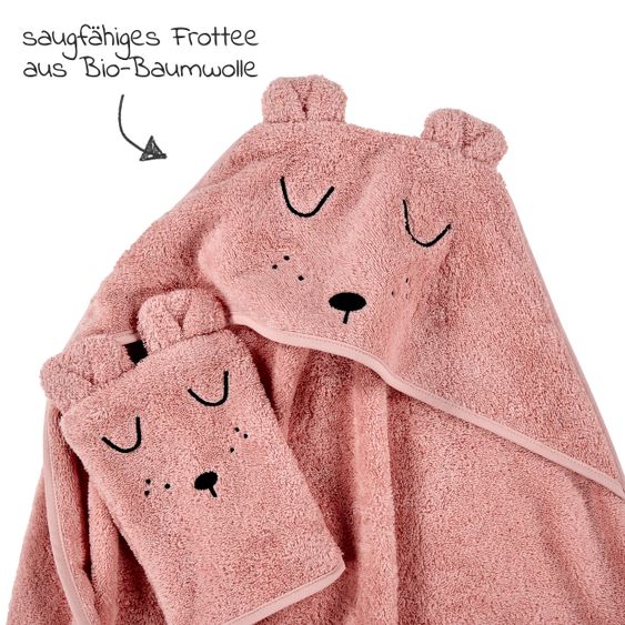 Alvi Bath Set Organic Cotton - Hooded bath towel + wash mitt - Faces - Pink