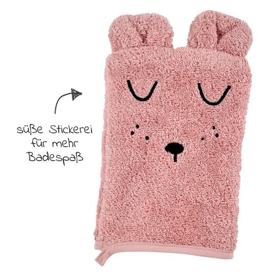 Alvi Bath Set Organic Cotton - Hooded bath towel + wash mitt - Faces - Pink