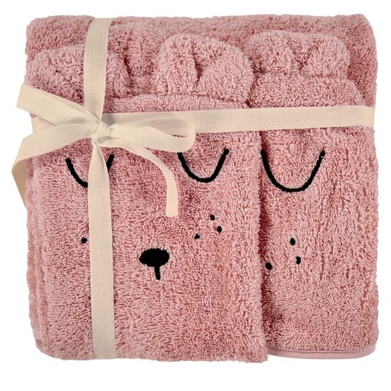 Alvi Bath Set Organic Cotton - Hooded bath towel + wash mitt - Faces - Pink