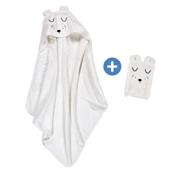 Alvi Bath Set Organic Cotton - Hooded bath towel + wash mitt - Faces - White