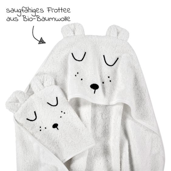 Alvi Bade-Set Organic Cotton - Kapuzenbadetuch + Waschhandschuh - Faces - Weiß