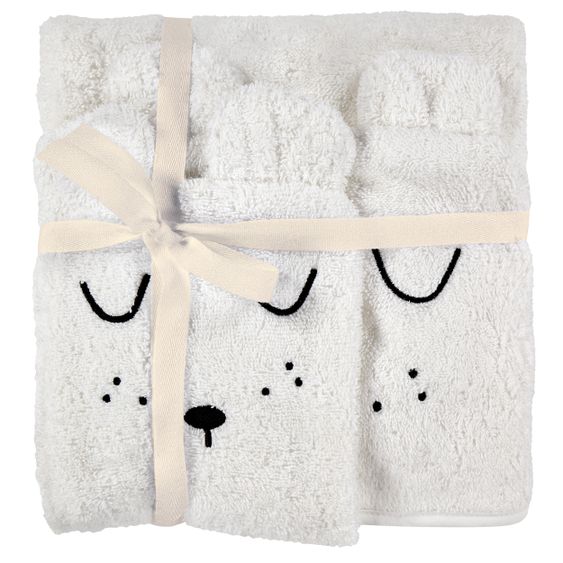 Alvi Bath Set Organic Cotton - Hooded bath towel + wash mitt - Faces - White