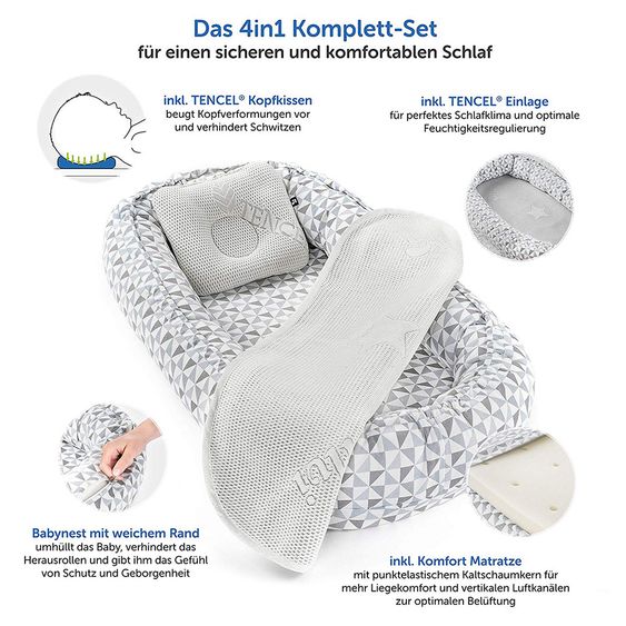 Alvi Kuschelnest inkl. Kaltschaummatratze, Baby-Kopfkissen und Klimaauflage - Triangel Grau