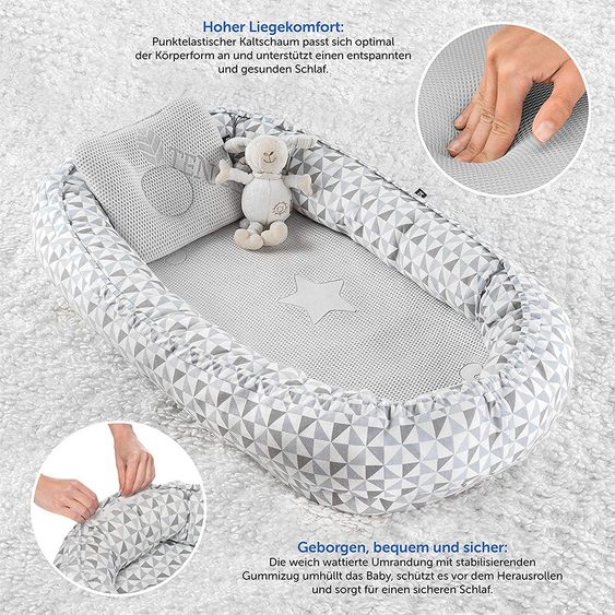 Alvi Kuschelnest inkl. Kaltschaummatratze, Baby-Kopfkissen und Klimaauflage - Triangel Grau