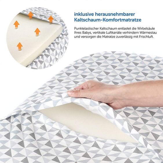 Alvi Kuschelnest inkl. Kaltschaummatratze, Baby-Kopfkissen und Klimaauflage - Triangel Grau