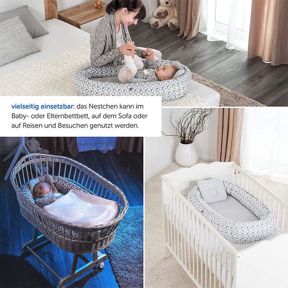 Alvi Kuschelnest inkl. Kaltschaummatratze, Baby-Kopfkissen und Klimaauflage - Triangel Grau
