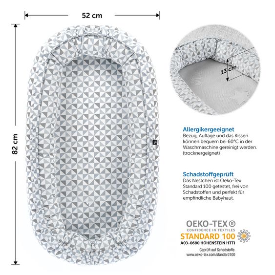 Alvi Kuschelnest inkl. Kaltschaummatratze, Baby-Kopfkissen und Klimaauflage - Triangel Grau