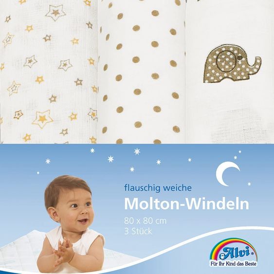 Alvi Moltontuch 3er Pack 80 x 80 cm - Elefant
