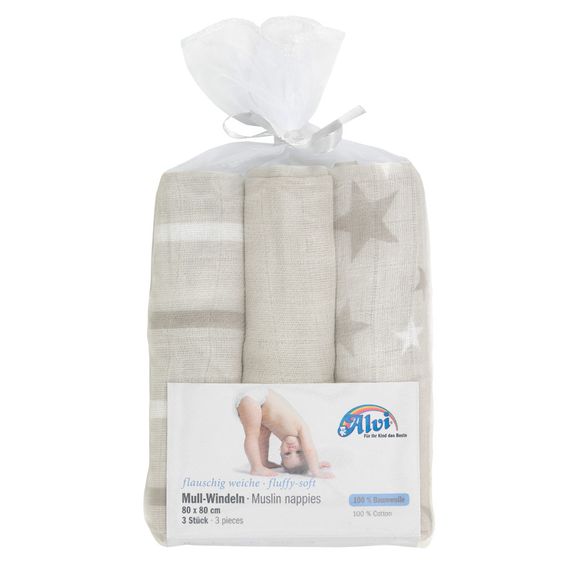 Alvi Mullwindel 3er Pack 80 x 80 cm - Stars Grau