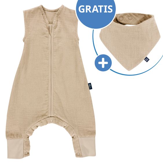 Alvi Summer sleeping bag with feet muslin / Sleep-Overall Light Mull + FREE scarf - Sand-Beige - Size 110 cm