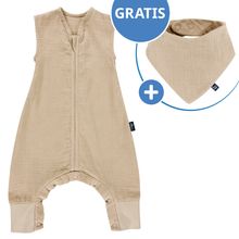 Sommer-Schlafsack mit Füßen Musselin / Sleep-Overall Light Mull + GRATIS Halstuch - Sand-Beige - Gr. 70 cm