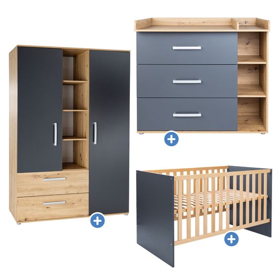 Arthur Berndt 3-tlg Kinderzimmer-Set Alessio mit 3-türigem Schrank, Bett, Wickelkommode mit Wickelaufsatz - Artisan-Oak / Anthrazit