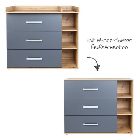 Arthur Berndt 3-tlg Kinderzimmer-Set Alessio mit 3-türigem Schrank, Bett, Wickelkommode mit Wickelaufsatz - Artisan-Oak / Anthrazit