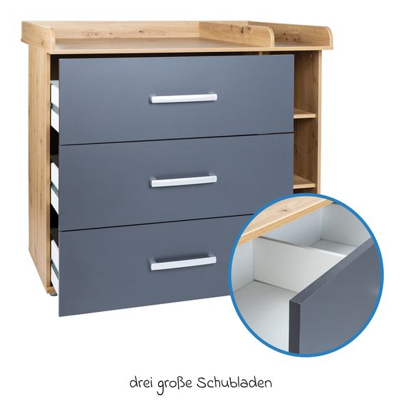 Arthur Berndt 3-tlg Kinderzimmer-Set Alessio mit 3-türigem Schrank, Bett, Wickelkommode mit Wickelaufsatz - Artisan-Oak / Anthrazit