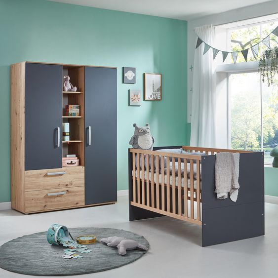 Arthur Berndt 3-piece nursery set Alessio with 3-door wardrobe, bed, changing unit with changing unit - Artisan-Oak / Anthracite