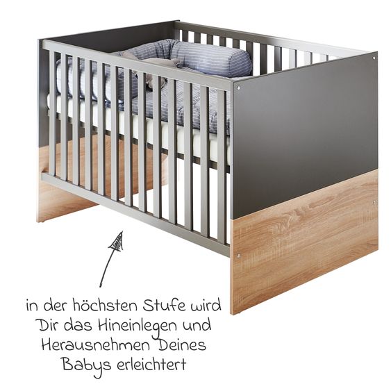 Arthur Berndt 3-tlg Kinderzimmer-Set Cloe mit 3-türigem Schrank, Bett, Wickelkommode mit Wickelaufsatz - Lava Matt / Eiche Sägerau