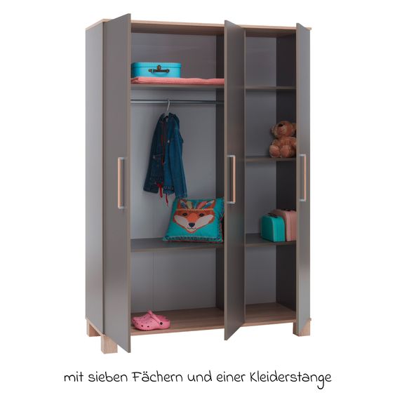 Arthur Berndt 3-tlg Kinderzimmer-Set Cloe mit 3-türigem Schrank, Bett, Wickelkommode mit Wickelaufsatz - Lava Matt / Eiche Sägerau