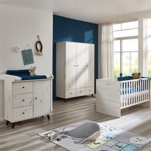 3-tlg Kinderzimmer-Set Lavea mit 3-türigem Schrank, Bett, Wickelkommode mit Wickelaufsatz - White-Oak / Schwarz