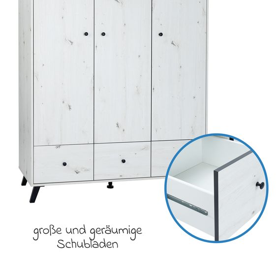 Arthur Berndt 3-tlg Kinderzimmer-Set Lavea mit 3-türigem Schrank, Bett, Wickelkommode mit Wickelaufsatz - White-Oak / Schwarz