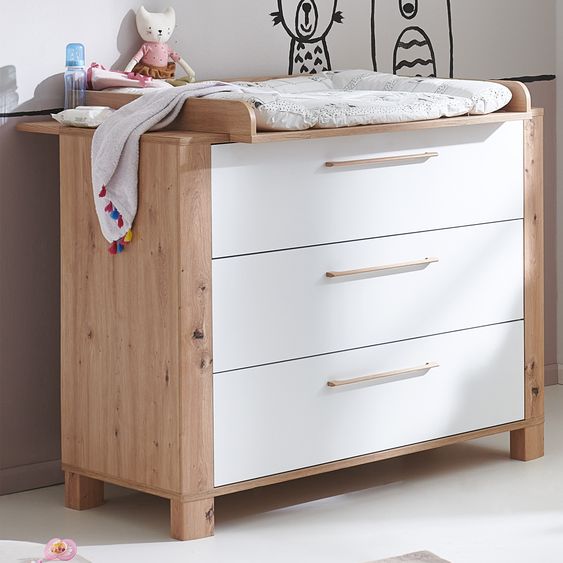 Arthur Berndt 3-tlg Kinderzimmer-Set Marlon mit 3-türigem Schrank, Bett, Wickelkommode mit Wickelaufsatz - Artisan-Oak / Kreideweiß