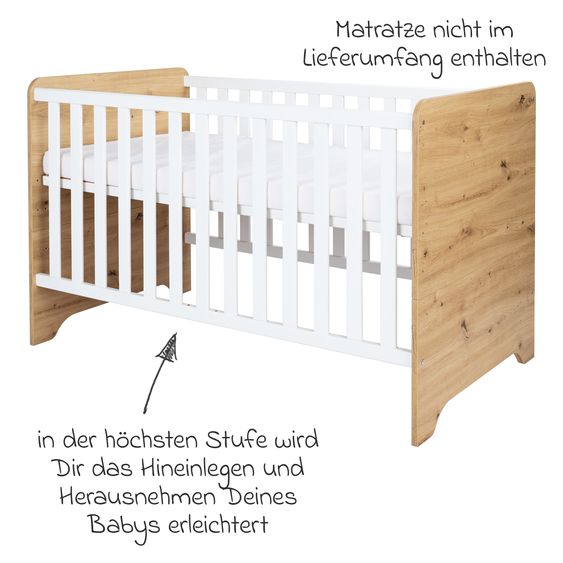 Arthur Berndt 3-tlg Kinderzimmer-Set Marlon mit 3-türigem Schrank, Bett, Wickelkommode mit Wickelaufsatz - Artisan-Oak / Kreideweiß