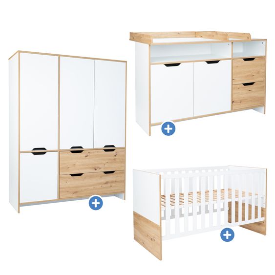 Arthur Berndt 3-tlg Kinderzimmer-Set Maxim mit 4-türigem Schrank, Bett, Wickelkommode mit Wickelaufsatz - Kreideweiß / Artisan-Oak