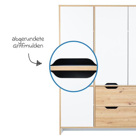 Arthur Berndt 3-tlg Kinderzimmer-Set Maxim mit 4-türigem Schrank, Bett, Wickelkommode mit Wickelaufsatz - Kreideweiß / Artisan-Oak