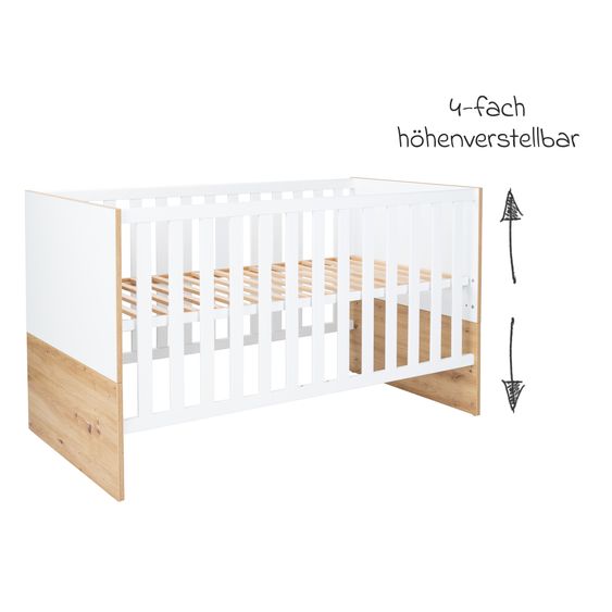 Arthur Berndt 3-tlg Kinderzimmer-Set Maxim mit 4-türigem Schrank, Bett, Wickelkommode mit Wickelaufsatz - Kreideweiß / Artisan-Oak