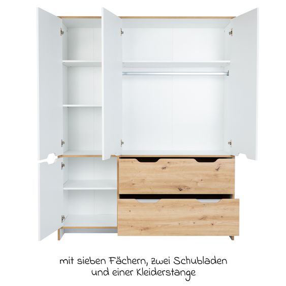 Arthur Berndt 3-tlg Kinderzimmer-Set Maxim mit 4-türigem Schrank, Bett, Wickelkommode mit Wickelaufsatz - Kreideweiß / Artisan-Oak