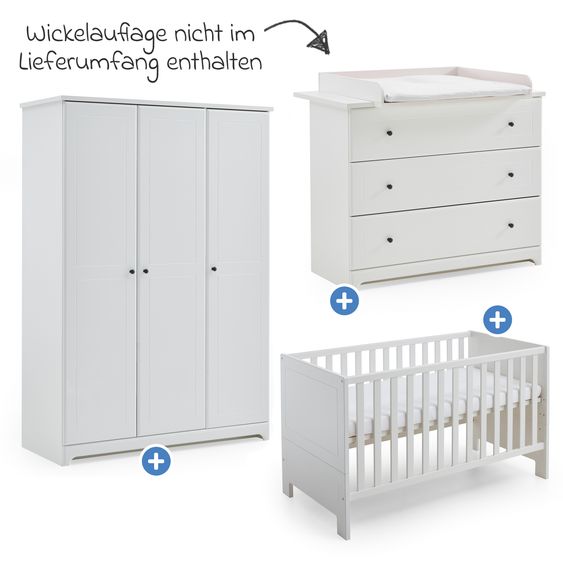 Arthur Berndt 3-tlg Kinderzimmer-Set Thilo mit 3-türigem Schrank, Bett, Wickelkommode mit Wickelaufsatz - Weiß