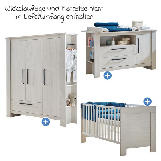 Arthur Berndt Set nursery Til a 3 pezzi con armadio a 3 ante, letto, fasciatoio extra-large con piano fasciatoio - Legno Nordico