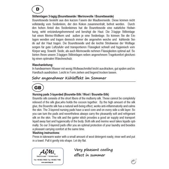 Asmi Bio-Stilleinlage 3-lagig Bouretteseide / Schurwolle / Seide
