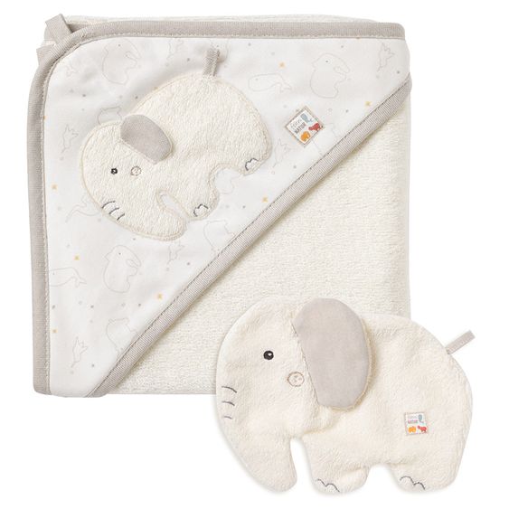 Fehn 2-tlg. Bade-Set Kapuzenbadetuch + Waschhandschuh NATUR aus Bio-Baumwolle 70 x 70 cm - Elefant