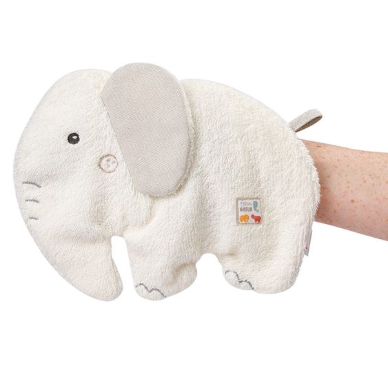 Fehn 2-tlg. Bade-Set Kapuzenbadetuch + Waschhandschuh NATUR aus Bio-Baumwolle 70 x 70 cm - Elefant