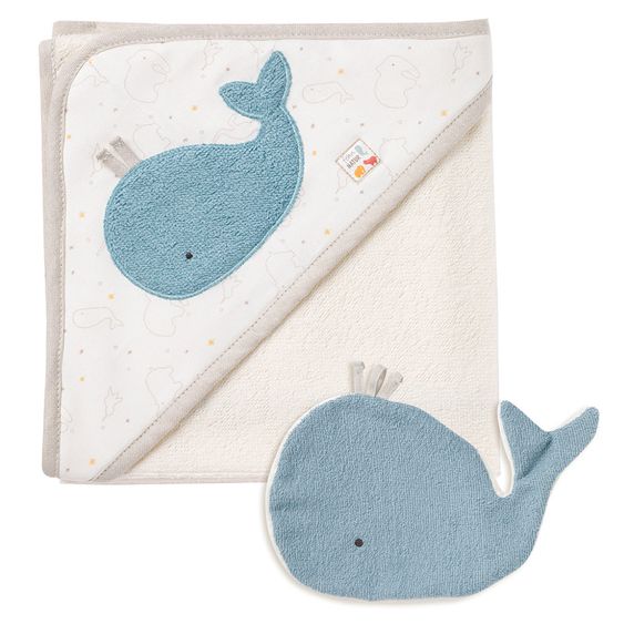 Fehn 2-piece bath set hooded bath towel + wash mitt NATURE organic cotton 70 x 70 cm - whale