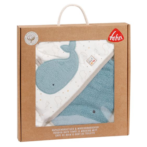 Fehn 2-piece bath set hooded bath towel + wash mitt NATURE organic cotton 70 x 70 cm - whale