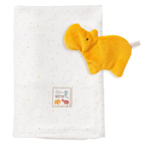 Fehn 2-piece set cuddly blanket + crackle hippo NATURE organic cotton 70 x 100 cm