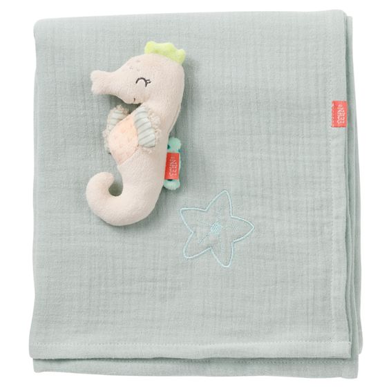 Fehn 2-tlg. Set Kuscheldecke Musselin + Greifling Seepferd 135 x 100 cm - Meereskinder