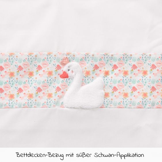 Fehn 4-tlg. Bettwäsche-Set für Beistellbett & Wiege 90x40 cm / Spannbetttuch und Bettwäsche - Schwanensee - Weiß