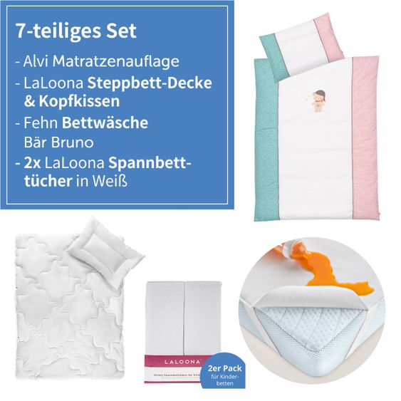 Fehn 7-piece bed set for crib 140x70 cm / bedding + fitted sheets + quilt + bedding + bedding - Bruno Bear - White