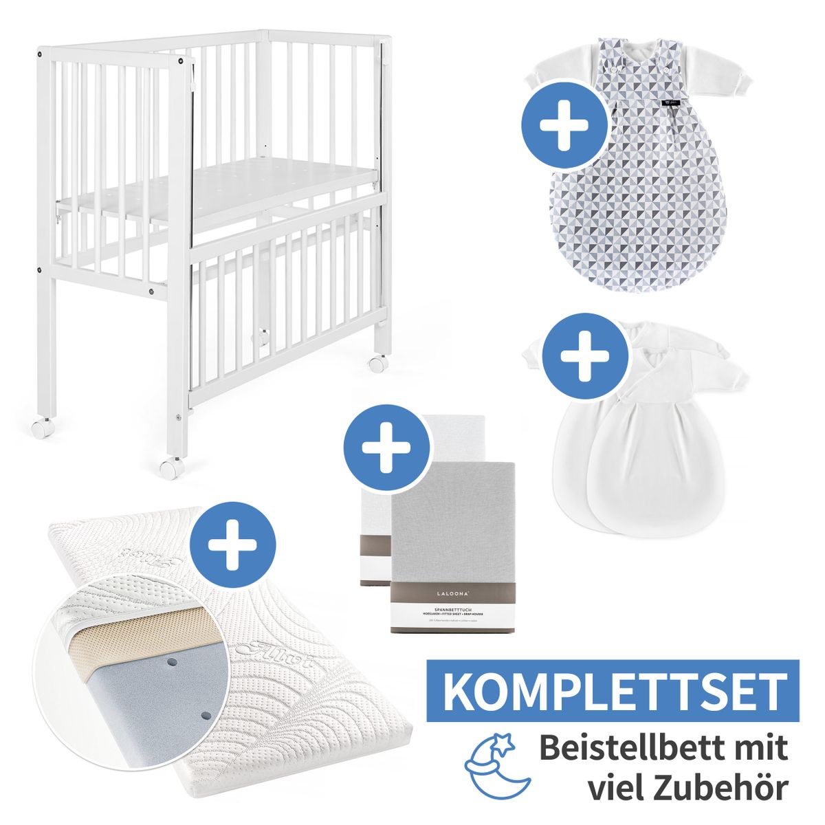 Babyartikel.de 7-tlg. Beistellbett-Komplett-Set 90 x 40 cm / Beistellbett + Matratze + 2 Spannbetttücher + 3-tlg. Baby-Mäxchen