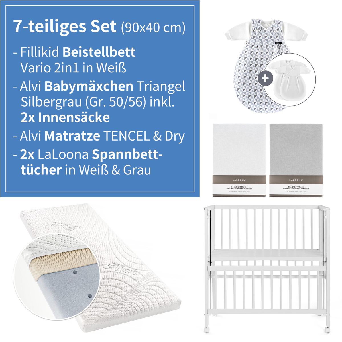Babyartikel.de 7-tlg. Beistellbett-Komplett-Set 90 x 40 cm / Beistellbett + Matratze + 2 Spannbetttücher + 3-tlg. Baby-Mäxchen