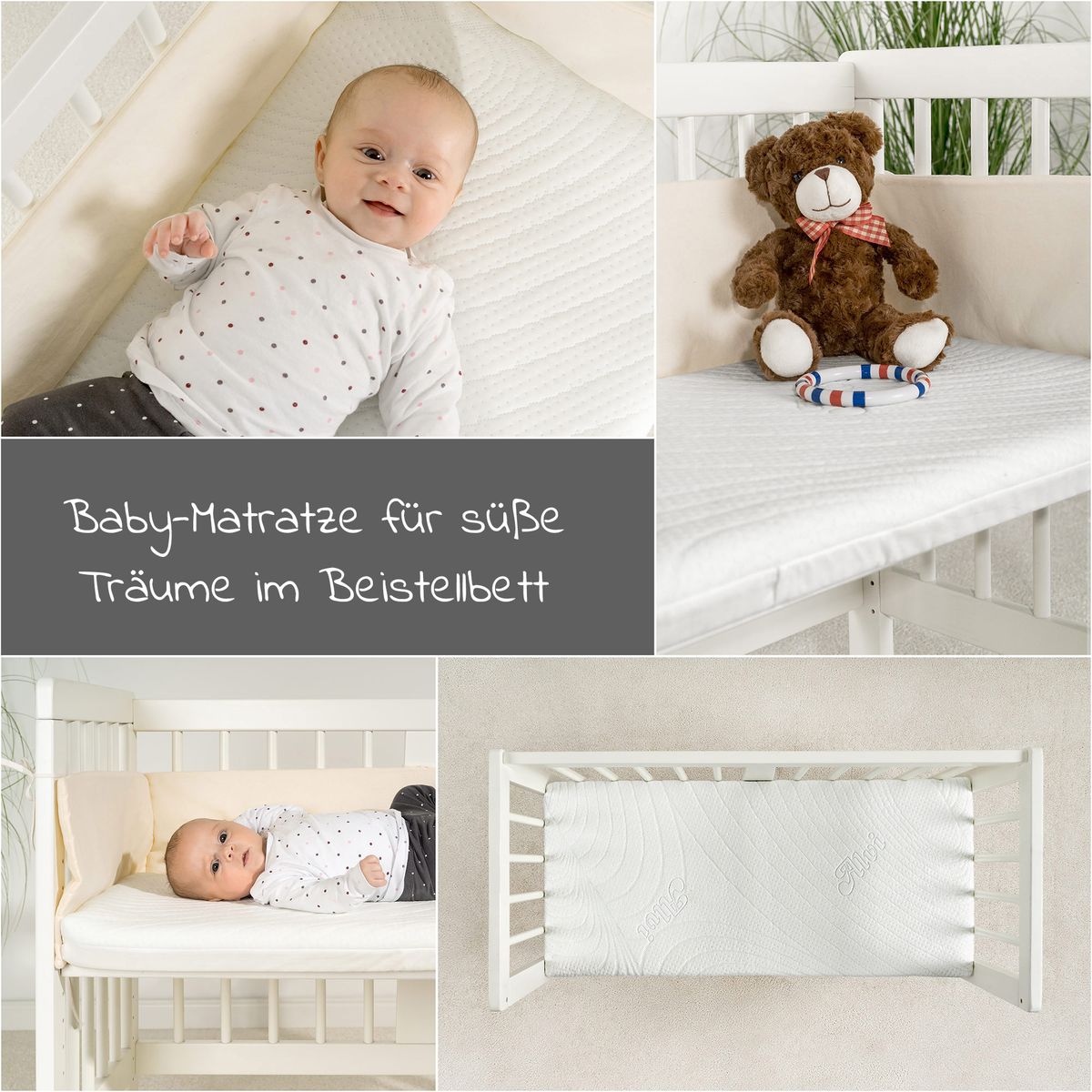 Babyartikel.de 7-tlg. Beistellbett-Komplett-Set 90 x 40 cm / Beistellbett + Matratze + 2 Spannbetttücher + 3-tlg. Baby-Mäxchen